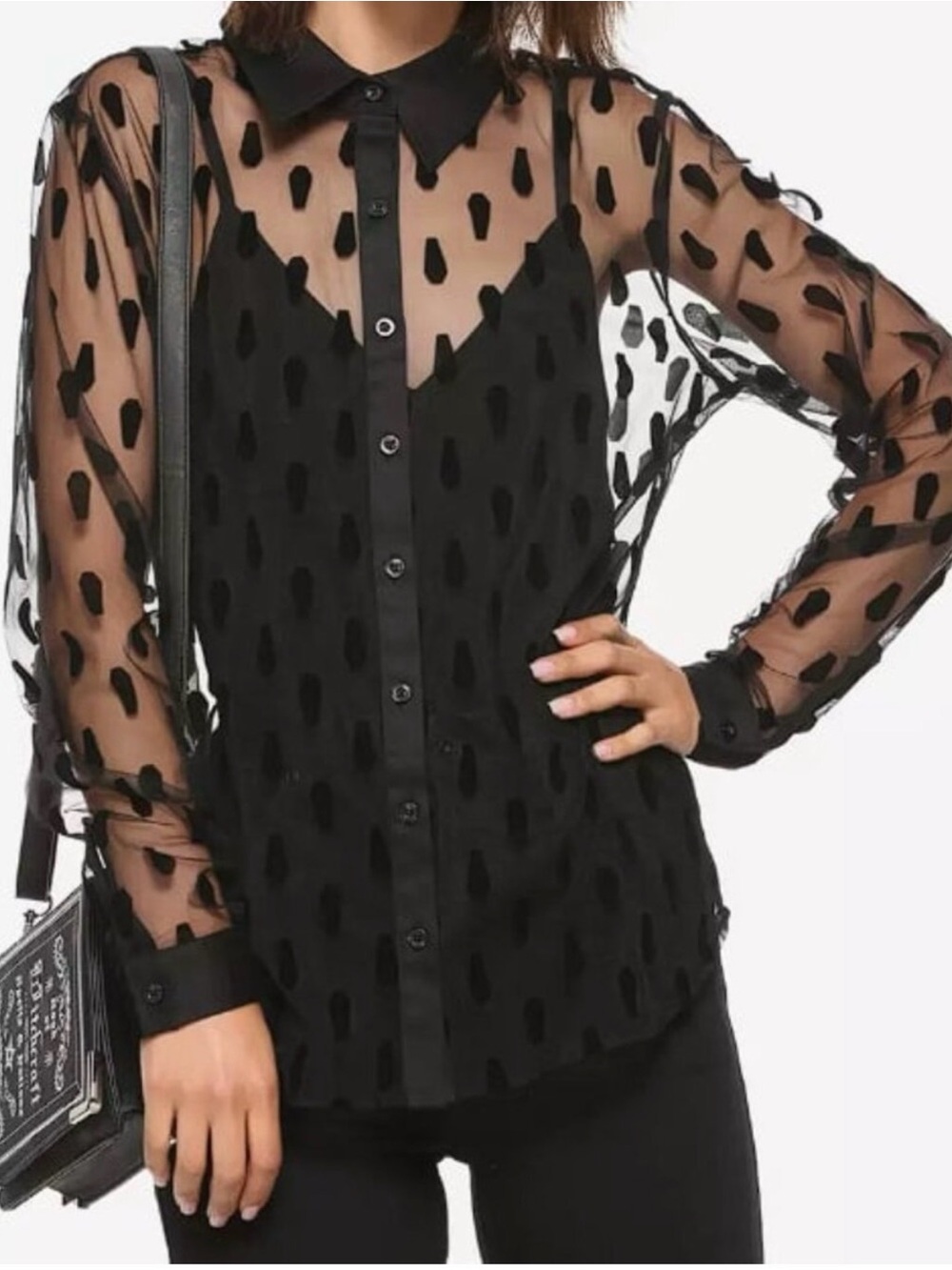 Hot Topic Black Flocked Coffin Sheer Long-Sleeve Button-Up